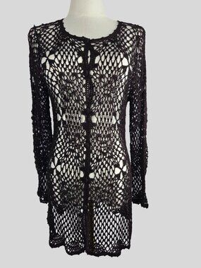 Vtg 90s Express Tricot Black Crochet Long Cardigan Duster Boho Witchy Y2K Sz S